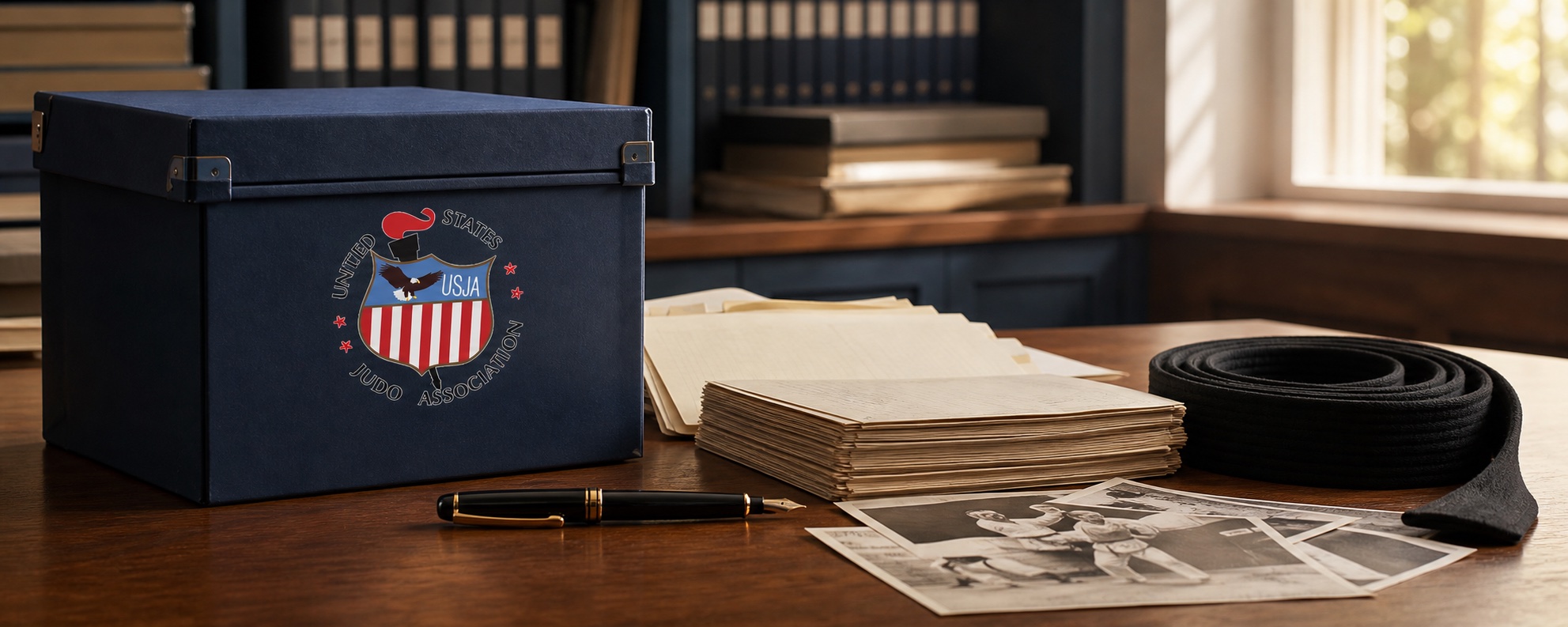 USJA archival records, photographs, and a black belt arranged in an archive reading room