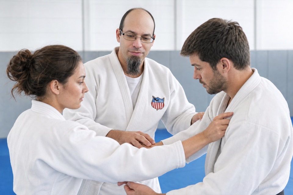 A USJA coach guiding two adult judo students during technical practice