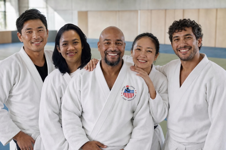 A diverse group of adult USJA judoka together in a dojo