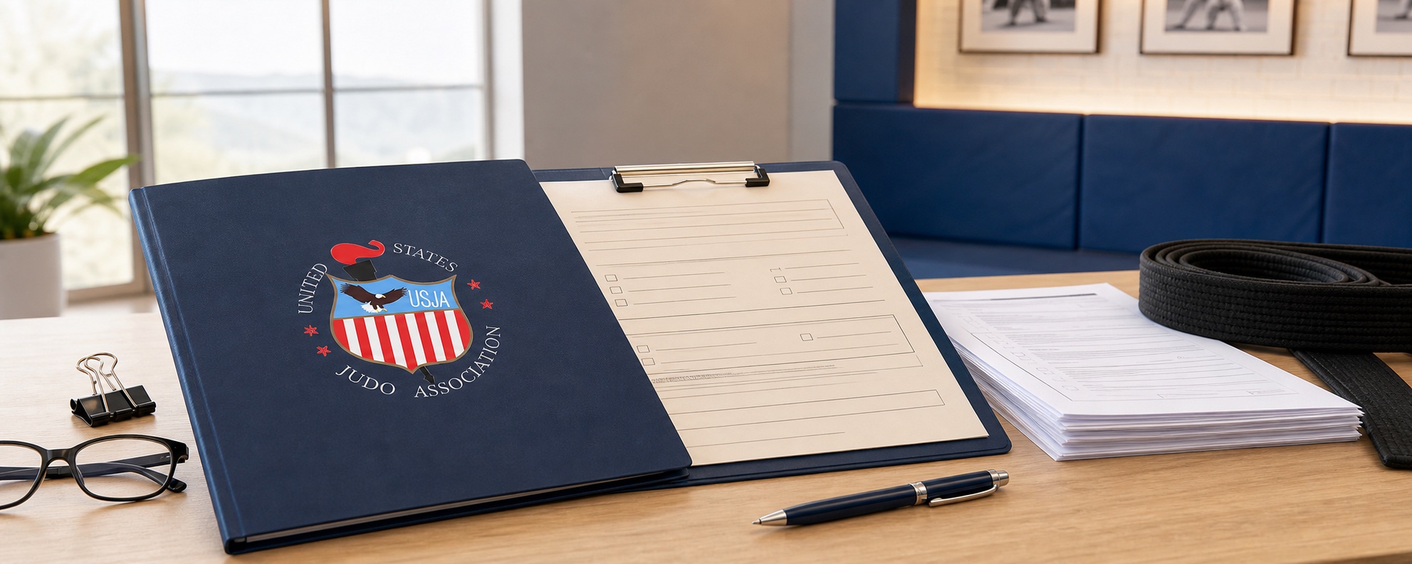 USJA forms, a clipboard, writing tools, and a black belt arranged on a clean desk