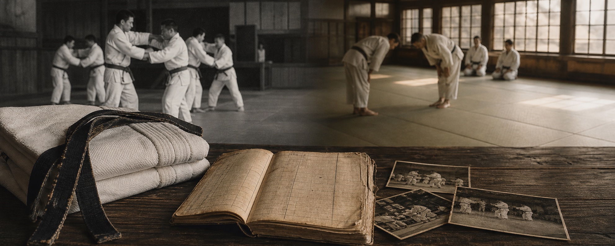 Archival judo photographs, a membership ledger, folded judogi, and a black belt overlooking generations of judoka in a dojo