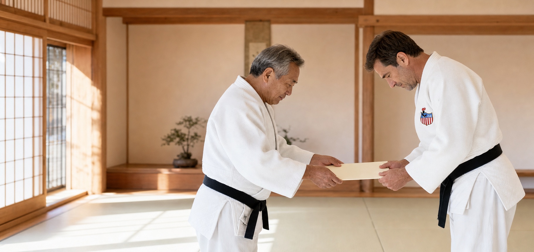 A senior USJA instructor presenting a rank certificate to an accomplished judoka